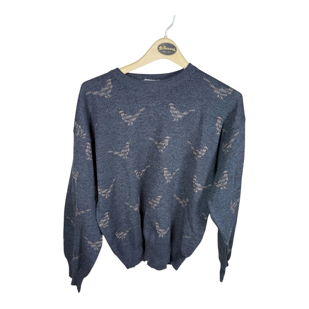 Gray Crewneck Sweater with Bird Pattern